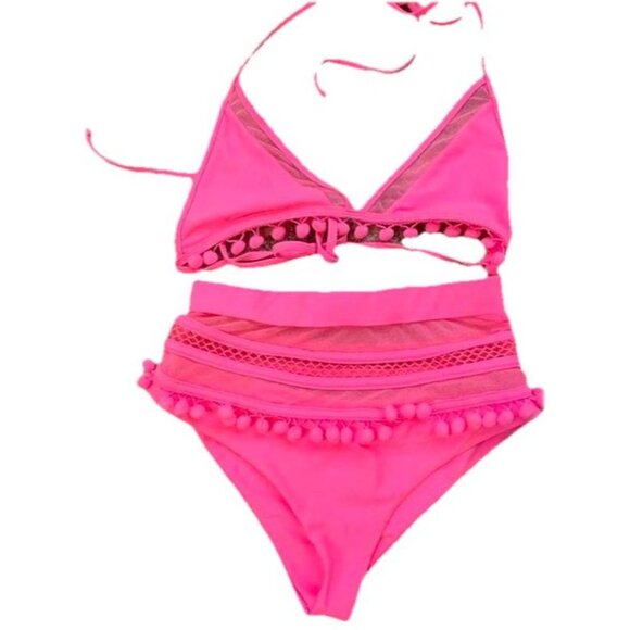 Revolve Tularosa Women's Hot Pink High Waist Pom Pom Mesh Nina Bikini Size L - Picture 2 of 11